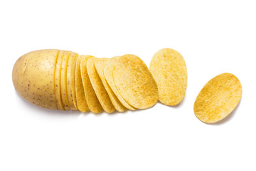 Potato slices turning into chips, isolated on white background