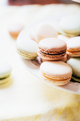 Homemade French Macaroons on the Plate, Pistachio, Coffee and Vanilla Macaroons, Beautiful Wallpaper