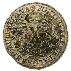 Ancient copper coin of Portugal. 10 reis of the Queen Maria I. 1799. Reverse.