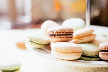 Homemade French Macaroons on the Plate, Pistachio, Coffee and Vanilla Macaroons, Beautiful Wallpaper