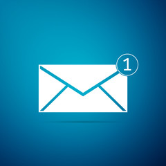 Envelope icon isolated on blue background. Received message concept. New, email incoming message, sms. Mail delivery service. Flat design. Vector Illustration
