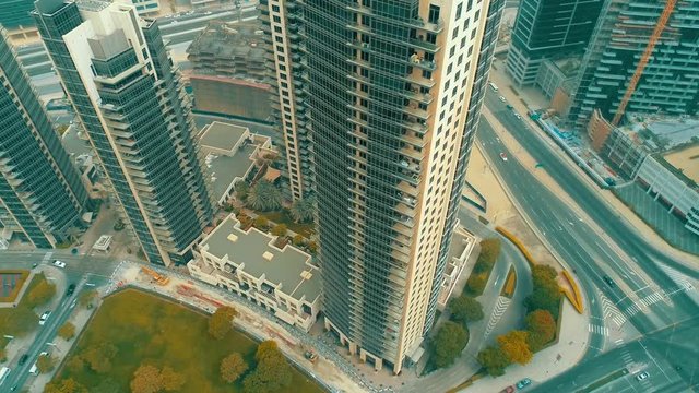 Beautiful drone view on Dubai skyscraper and streets. Location:Dubai