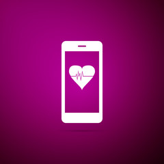 Smartphone with heart rate monitor function icon isolated on purple background. Flat design. Vector Illustration