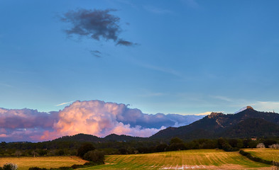 Country landscape with clouds at sunset. Mallorca, Spain