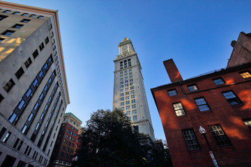 Boston downtown streets near Old State House at sunset