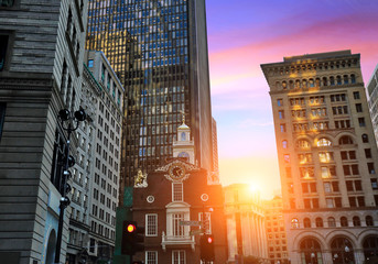 Boston downtown streets near Old State House at sunset