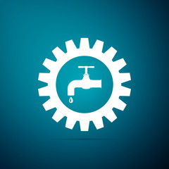 Gearwheel with tap icon isolated on blue background. Plumbing work symbol. Flat design. Vector Illustration