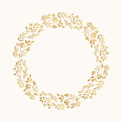 Golden invitation wreath. New Year hand drawn design. Ornate floral print.