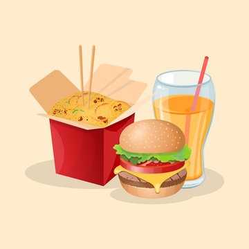 Wok, burger and fresh orange juice - cute cartoon colored picture. Graphic design elements for menu, poster, brochure, ad. Vector illustration of fast food for bistro, snackbar, cafe or restaurant.