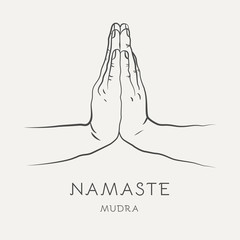 Namaste mudra - gesture in yoga fingers. Symbol in Buddhism or Hinduism concept. Ritualistic indian greeting. Vector illustration isolated on white background.
