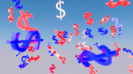 three-dimensional dollar icons flying in the air. 3D rendering