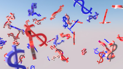 three-dimensional dollar icons flying in the air. 3D rendering