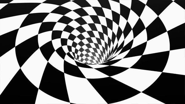 Animated hypnotic tunnel with white and black squares. Striped optical illusion three dimensional geometrical wormhole shape pattern motion graphics. Optical illusion created by zoom in of black and