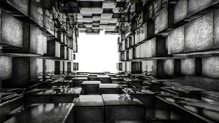 tunnel is lined with glossy dark three-dimensional cubes. abstract background. 3D rendering