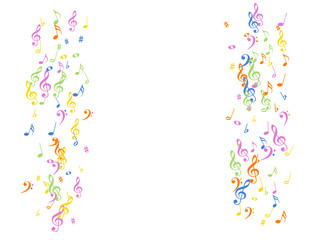 Music Notes Confetti Falling Chaos Vector. Music Symbols Texture Poster Background Elements. Party Night, Festival, Celebration or Concert, Melody Notes Trail. Decorative Song Sheets Chaos Effect.