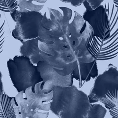 Foto op Plexiglas Tropische aquarel naadloze patroon, botanische moderne mode. Boheemse exotische Monstera textielontwerp. Winter, zomer vintage mode prints, eclectisch geschilderd bloemmotief. Druppels en Monstera. © graficanto