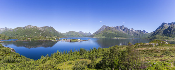 Panorama view of Sildpollen bay and Sildpollneset chapel from Austnesfjorden viewpoint