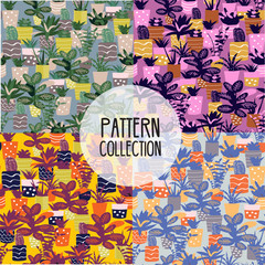set of potted house plants prints. bright botanical floral seamless pattern collection . vector flower print. floral background. textile fabric design. trendy graphic design. memphis style. 
