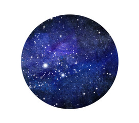 Hand drawn stylized grunge galaxy or night sky with stars. Watercolor space background. Cosmos illustration in circle. Brush and drops.