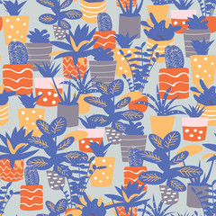 potted house plants print. bright botanical floral seamless pattern. vector flower print. floral background. textile fabric design. trendy graphic design. memphis style.