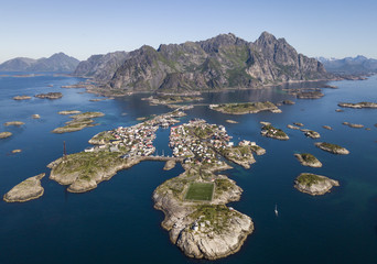Aerial view of Henningsvaer archipelago and famous football stadium on Lofoten islands