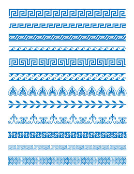 Vector illustration set of Greek patterns and ornaments on white background. Wave and meander decorative elements set blue color.