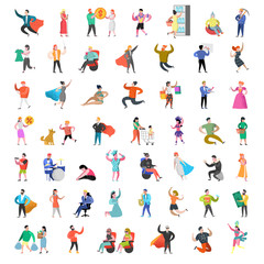 Flat People Characters Collection. Man and Woman Cartoons in Various Actions, Poses and Activities. Business People, Super Hero. Vector illustration