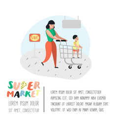 People Characters Mother and Son Shopping in Supermarket with Cart Poster