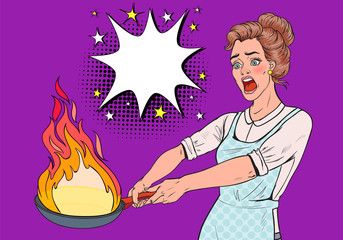 Pop Art Housewife in the Kitchen Holding Pan. Afraid Young Woman in Apron Cooking with Burning Pan. Vector illustration