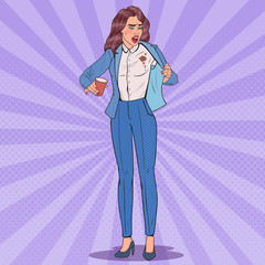 Naklejka na ściany i meble Pop Art Beautiful Unhappy Business Woman Spilling Coffee on Shirt. Girl with Stains on her Clothes. Vector illustration