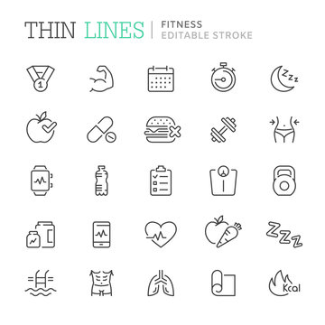 Collection of fitness related line icons. Editable stroke