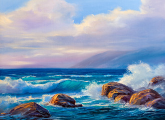 Sunset on the sea, painting by oil on canvas.