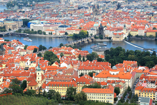 Panoramic aerial view of Lesser Town and Vltava river in Prague, Czech Republic