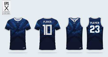 Blue zigzag pattern t-shirt sport design template for soccer jersey, football kit and tank top for basketball jersey. Sport uniform in front and back view. Sport shirt mock up for sport club. Vector.