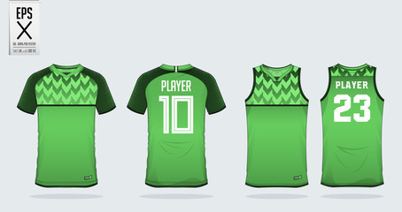 Fototapeta premium Green t-shirt sport design template for soccer jersey, football kit and tank top for basketball jersey. Sport uniform in front and back view. Sport shirt mock up for sport club. Vector Illustration.