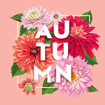 Hello Autumn Floral Design. Seasonal Fall Floral Background for Web Banner, Poster, Leaflet, Sale, Promo, Print. Watercolor Asters Flowers. Vector illustration