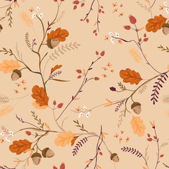 Autumn Floral Seamless Pattern with Acorns, Leaves and Flowers. Fall Vintage Nature Background for Textile, Wallpaper, Print, Decoration, Wrapping Paper. Vector illustration