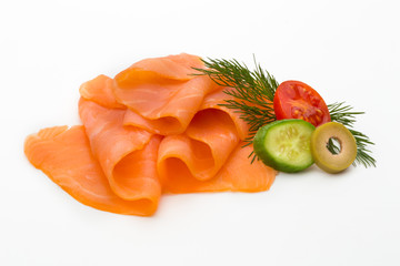 Fresh salmon slice and spice on the white background.