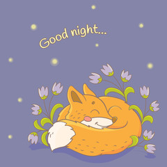 Cute sleep fox and forest flowers. Good night card.