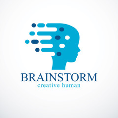 Brainstorm concept, vector design of human head profile with thoughts moving fast. Vector logo or icon template.