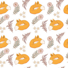 Fototapeta premium Seamless pattern with cute sleep fox and forest flowers, fall leaves and branches. Autumn background.