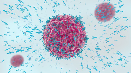3d illustration of antibodies attacking virus cell into the bloodstream - obrazy, fototapety, plakaty