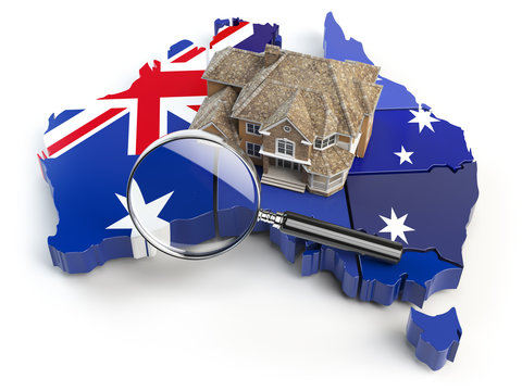 House And Loupe On The Map Of Australia In Colors Of Australian Flag. Search A House For Buying Or Rent Concept. Real Estate Development In Australia. 3