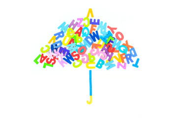 alphabet together as umbrella, concept of the rainy season on white background