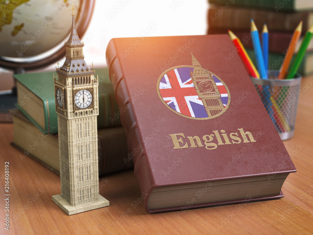 Poster Studying and learn English concept. Book with flag of Great Britain and Big Ben tower on the table.