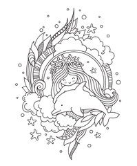 Little mermaid in a wreath of starfish, with cute dolphin, surrounded by clouds, seaweed. Page for coloring book, greeting card, print, t-shirt, poster. Hand-drawn outline illustration.