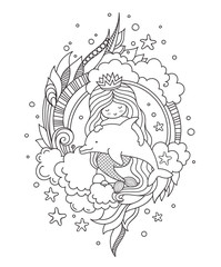 Stylized round composition with mermaid, sitting on a rock, holding fish. Page for coloring book, greeting card, print, t-shirt, poster. Hand-drawn outline vector illustration.