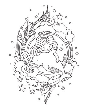 Little queen mermaid with dolphin. Page for coloring book, greeting card, print, t-shirt, poster. Hand-drawn outline vector illustration.