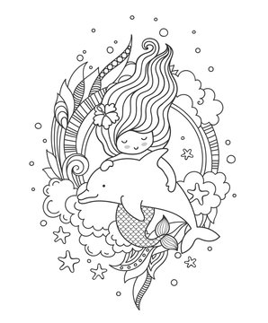 Little mermaid with beautiful hair, floating with dolphin. Page for coloring book, greeting card, print, t-shirt, poster. Hand-drawn outline vector illustration.