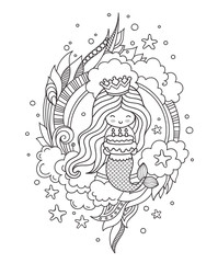 Portrait of mermaid with birthday cake. Cute little girl. Page for coloring book, greeting card, print, t-shirt, poster. Hand-drawn vector outline illustration.